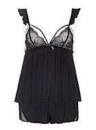 Top and shorts pajamas, ruffles, straps over bust, lace cups